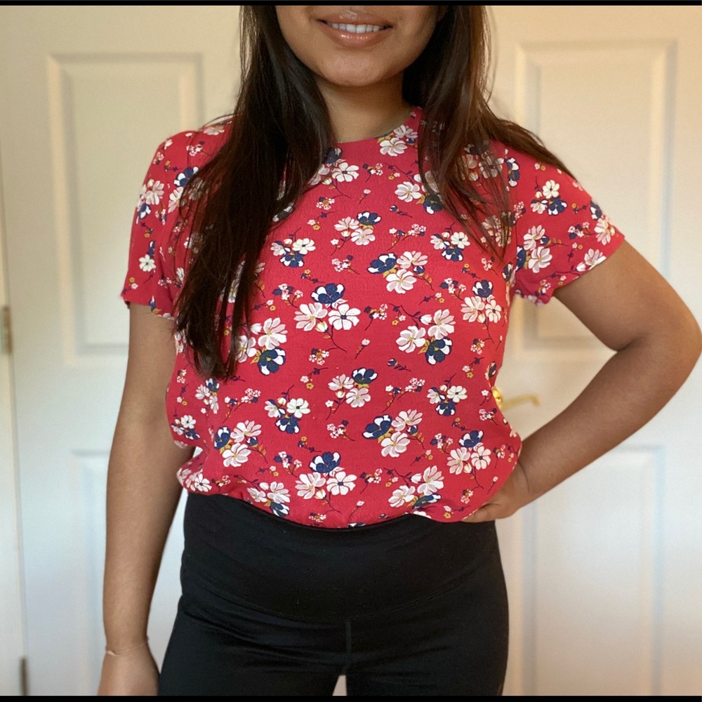 Floral Print Short Sleeve Blouse Tee Professional - Picture 11 of 12